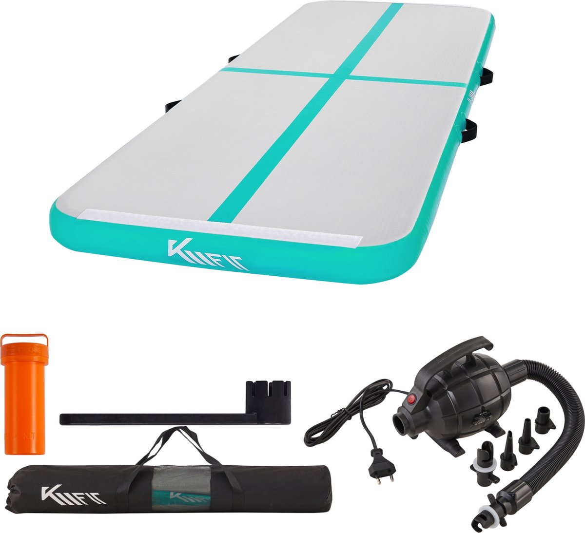 KM-Fit Airtrack - Turnmat - 4 m - Gymnastiekmat Opvouwbaar - Incl. elektrische pomp & patch kit - Mintgroen