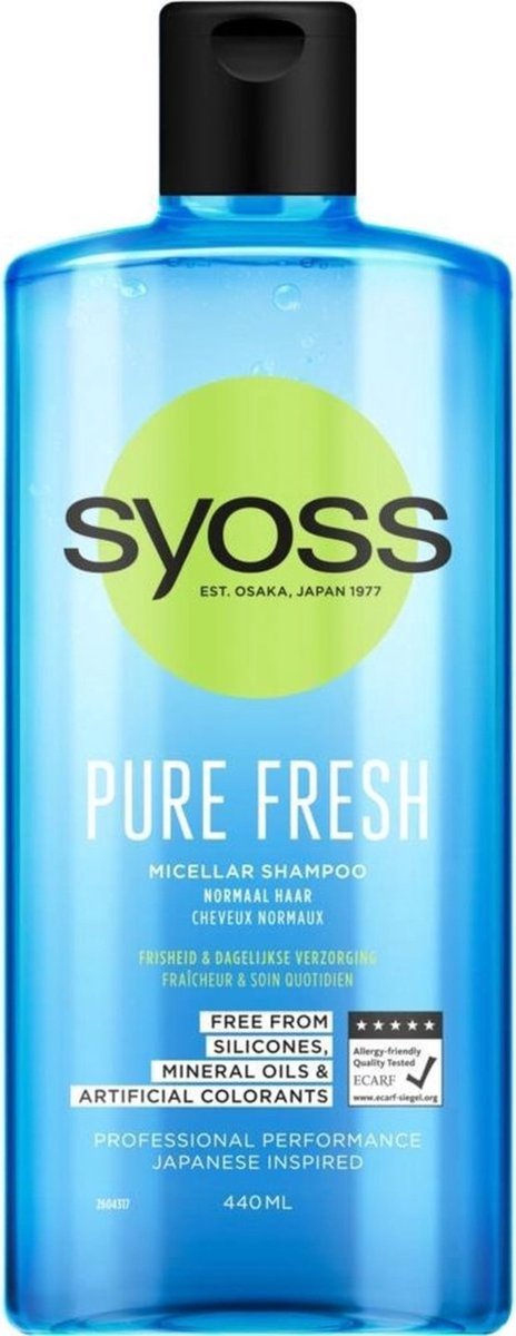 Syoss Shampoo – Pure Fresh - 2 x 440 ml - Vrij van siliconen, parabenen, minerale oliën en kunstmatige kleurstoffen.