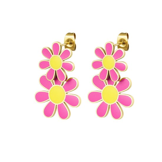 Statement oorbellen - Yehwang - pink flowers - stainless steel - roze bloemen