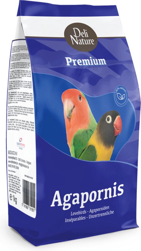 Deli Nature Premium Agapornis voerzak, 1 kg. Twee agapornissen op de voorkant, één roze en één gele met zwarte kop.