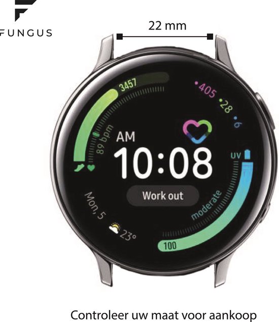 Bracelet Smartwatch - Convient pour Samsung Galaxy Watch 3 45 mm, Gear S3, Huawei Watch GT 2 46 mm, Garmin Vivoactive 4, bracelet de montre 22 mm - Cuir - Fungus - Grijs, boucle noire