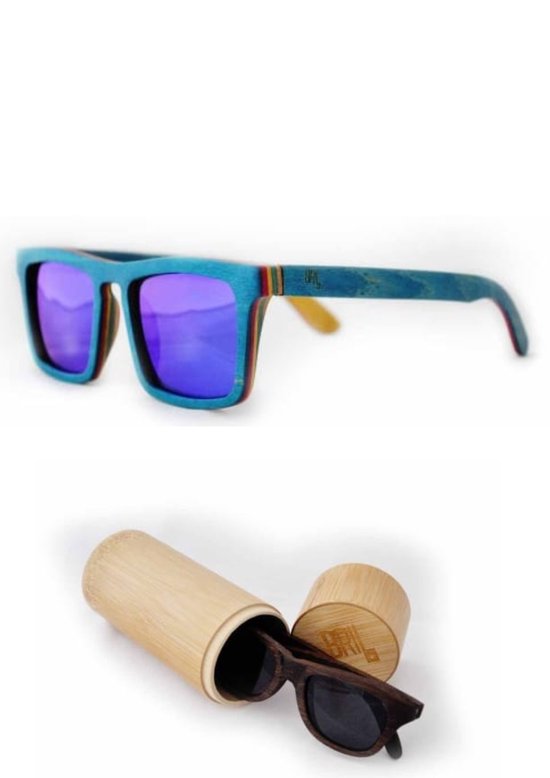 V&P Zonnebril - Unisex - Skateboard hout groen/blauw - in handige bamboo bewaarkoker - met brillendoekje