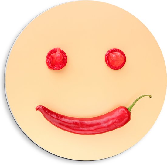 PVC Schuimplaat Muurcirkel - Smiley van Peper en Voorbehoedsmiddel - 40x40 cm Foto op Muurcirkel (met ophangsysteem)