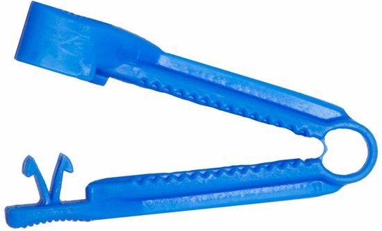 Blauwe navelklem met gekartelde handgrepen en een vergrendelingsmechanisme.