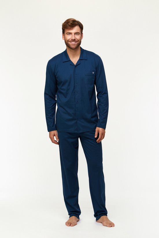 Woody doorknoop pyjama heren - donkerblauw - 231-2-MBT-S/888 - maat XXL