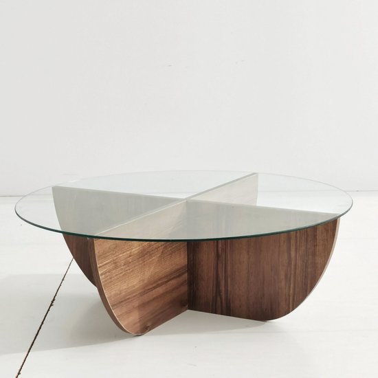 Salontafel half rond glas hout - walnoot - 90x30 cm - gehard glass ...