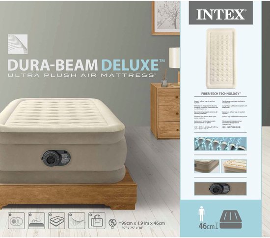 Intex Luchtbed - 1-Persoons - 99 x 191 x 46 cm - Beige - Inclusief pomp - Hoeslaken en Reparatieset van Intex — afbeelding 4
