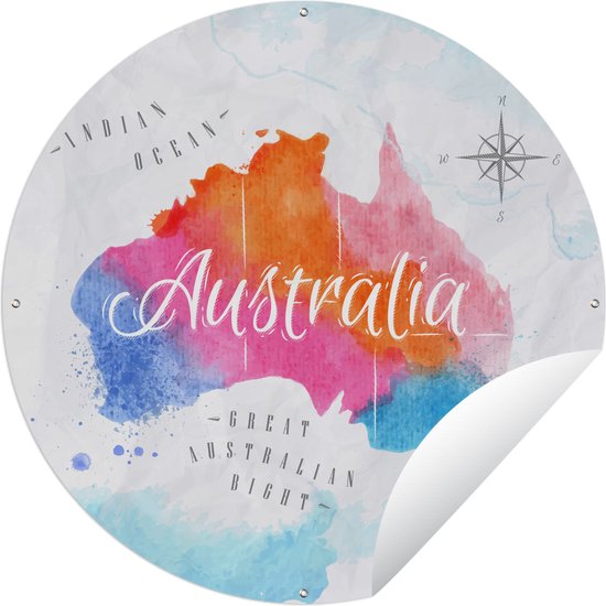 Tuincirkel Olieverf - Wereldkaart - Australië - 90x90 cm - Ronde Tuinposter - Buiten