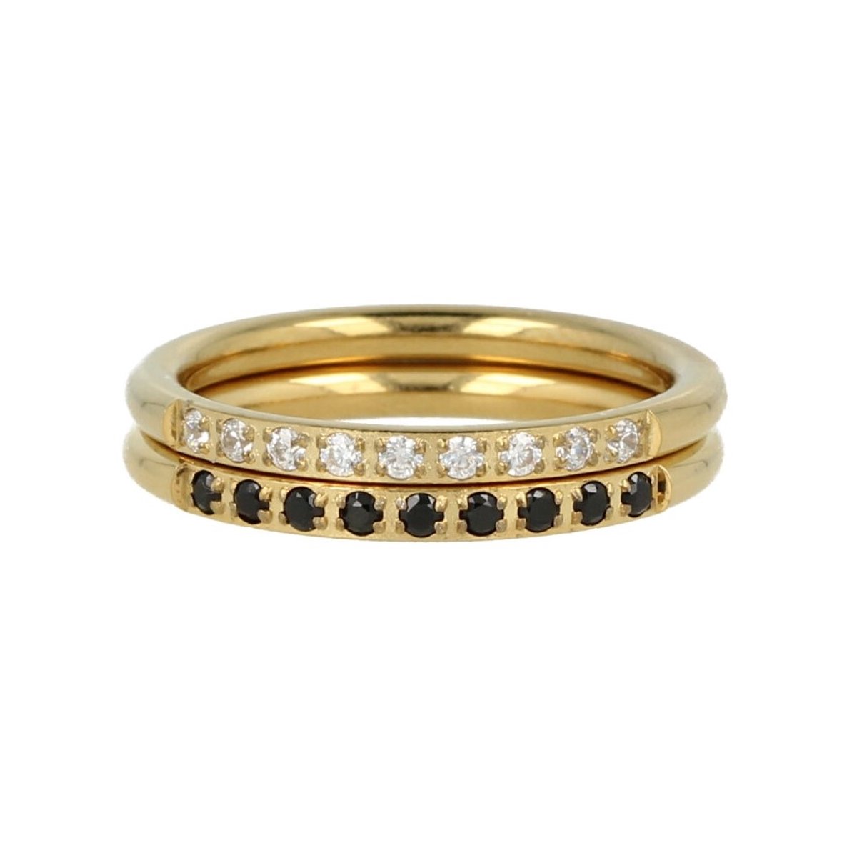 My Bendel - Ringenset met zirkonia steentjes - My Bendel - Gouden ringenset met witte en zwarte zirkonia steentjes - Met luxe cadeauverpakking