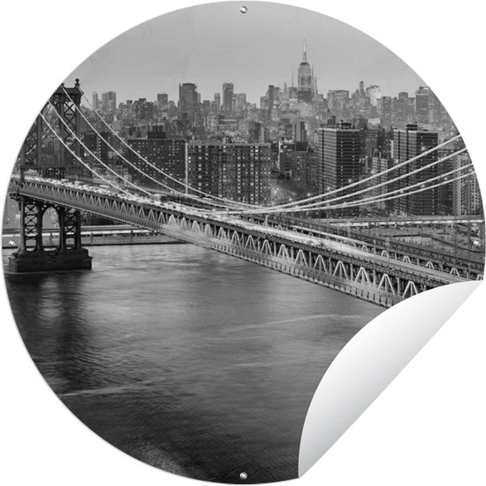Tuincirkel De Brooklyn Bridge bij zonsondergang - zwart wit - 150x150 cm - Ronde Tuinposter - Buiten