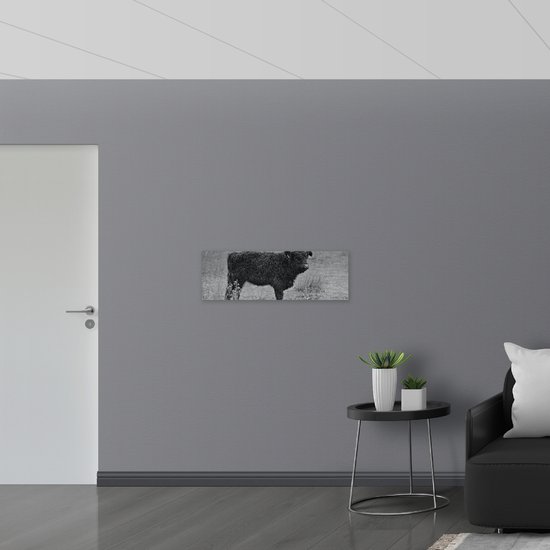 Acrylglas - Kleine Koe in Grasveld (Zwart- wit) - 90x30 cm Foto op Acrylglas (Wanddecoratie op Acrylaat)