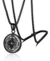 Heren ketting kompas kettinghanger en Venetiaanse schakel ketting zwart - ketting - sieraad - kompas - zwart