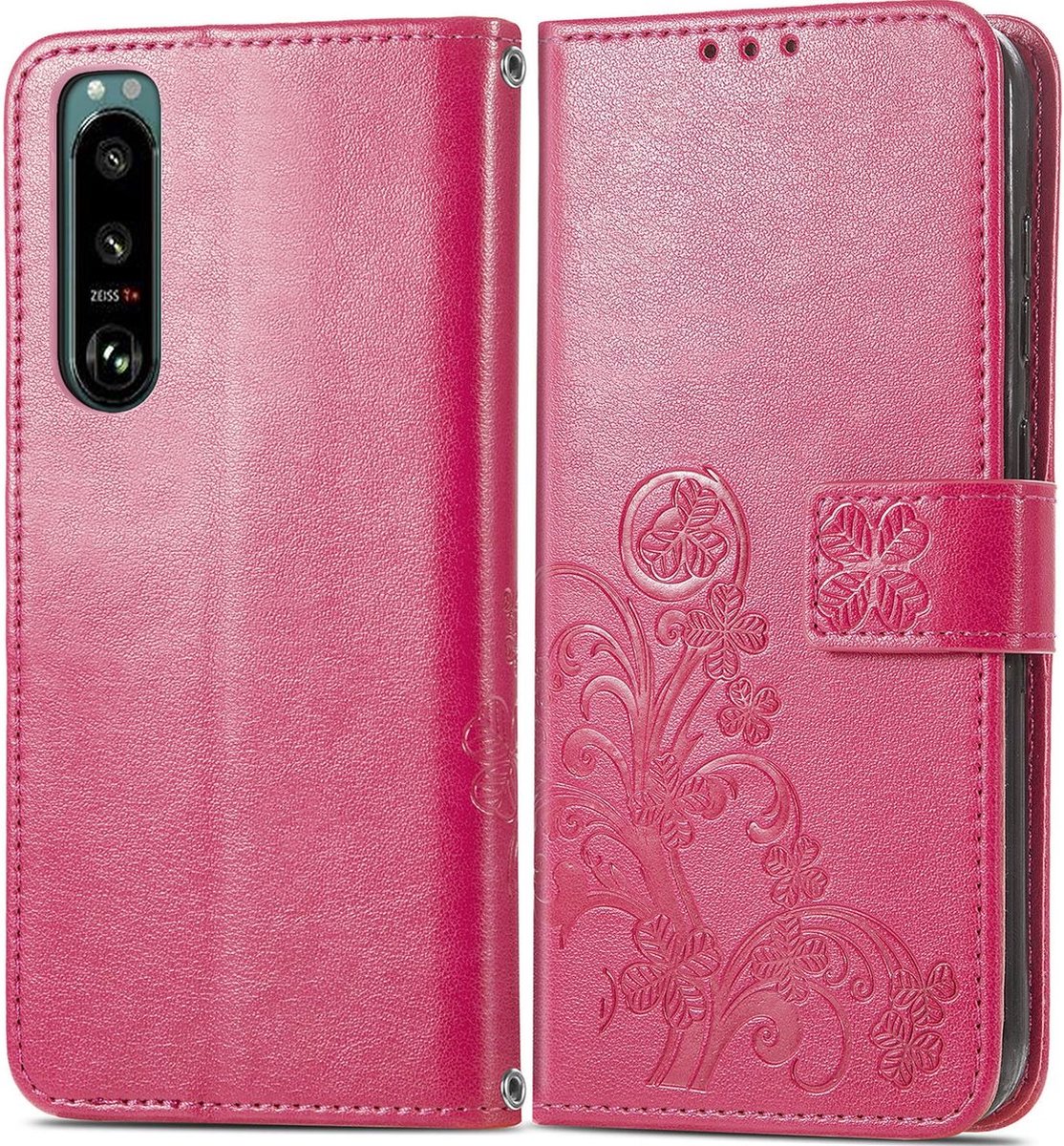Mobigear Telefoonhoesje geschikt voor Sony Xperia 5 IV Hoesje | Mobigear clover Bookcase Portemonnee | Pasjeshouder voor 3 Pasjes | Telefoonhoesje voor Pinpas / OV Kaart / Rijbewijs - Magenta