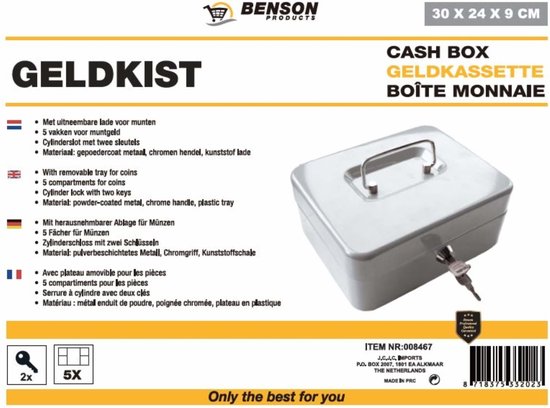 Boîte à Monnaie Kippen Avec Plateau - Anthracite - Acier Robust - Serrure à Cylindre - 300x240x90 Mm