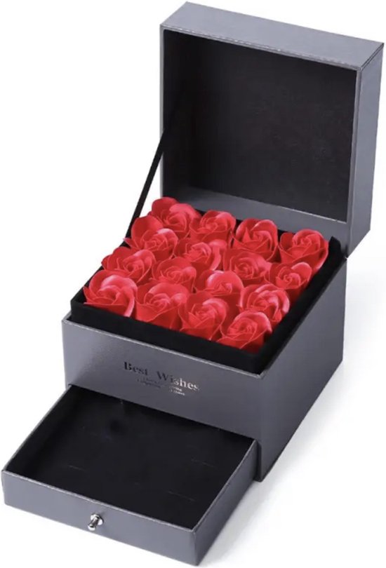 Sieradendoos met rozen - Juwelendoos - Sieradenopberger - Flowerbox - Verjaardag cadeau - Valentijnsdag cadeau - Voor dames - Kunstbloem - 16 Rozen - Rozen met geur - Rood