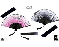 Bob Online – 2 Stuks – 1 x Grijze + 1 x Roze Bloemen Bamboehandwaaier - Bamboe Opvouwbare Handwaaier – Chinese Handwaaiers – Grey & Pink Bamboo Hand Fans – Houten Handwaaiers – Feest Decoratieve Handwaaiers – Cadeau Setje – Gift Set
