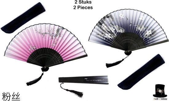 Bob Online – 2 Stuks – 1 x Grijze + 1 x Roze Bloemen Bamboehandwaaier - Bamboe Opvouwbare Handwaaier – Chinese Handwaaiers – Grey & Pink Bamboo Hand Fans – Houten Handwaaiers – Feest Decoratieve Handwaaiers – Cadeau Setje – Gift Set