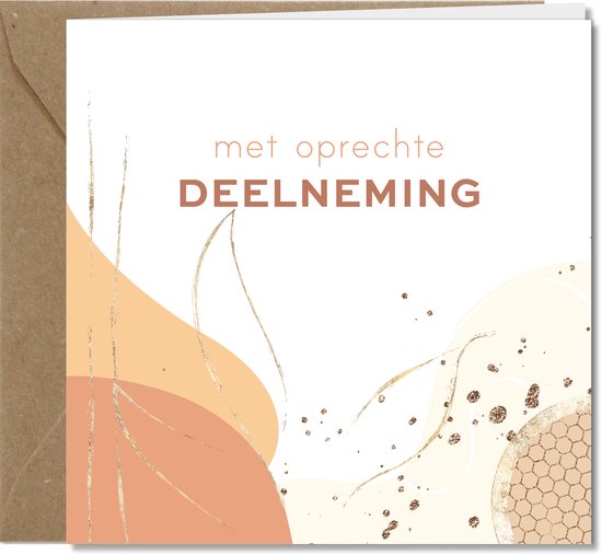 Wenskaart met abstracte vormen in perzik en beige tinten, met gouden lijnen en 'met oprechte DEELNEMING'.