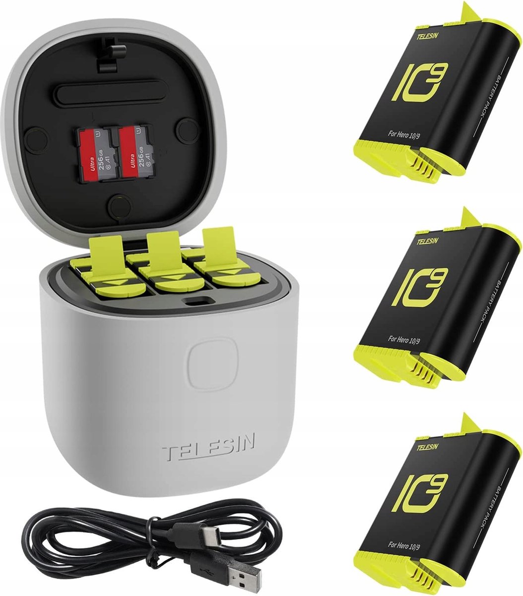 Telesin 3-slot waterdichte oplader Allin box voor GoPro Hero 9 / Hero 10 + 3 batterijen (GP-BTR-906-GY-B)