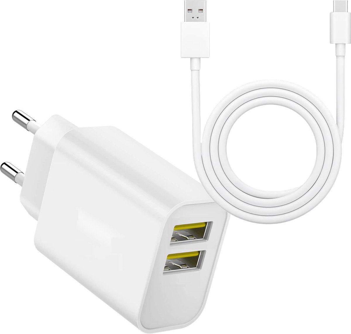 Oplaadstekker + USB C naar USB A Kabel - 12W/2.4A - 1 Meter - Wit - Oplader Lader Stekker Oplaadkabel Snoer