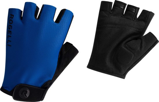 Blauwe fietshandschoen met zwarte palm en 'Rogelli' tekst.