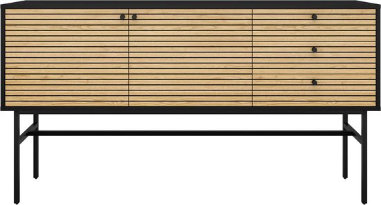Dressoir Madeira Eiken Zwart - MDF - Breedte 160 cm - Hoogte 85 cm - Diepte 40 cm - Met lades - Met planken - Met openslaande deuren