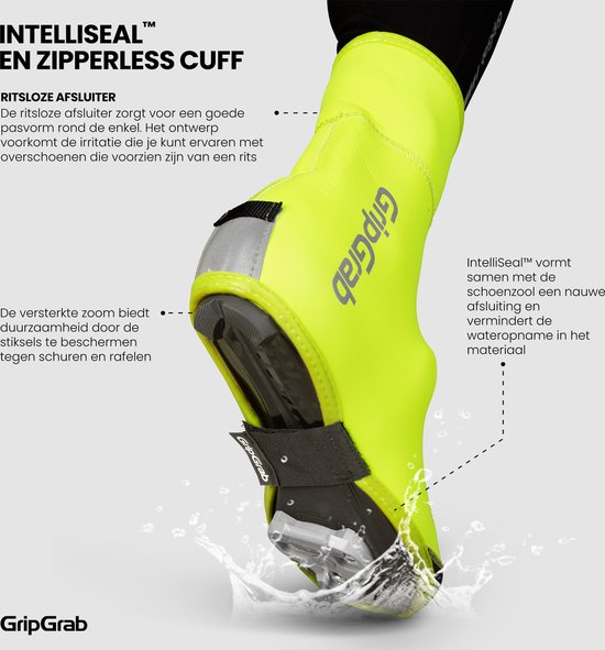 Hoge, fluorescerend gele fietsoverschoen over een fietsschoen, met de textuur "INTELLISEAL™ EN ZIPPERLESS CUFF".