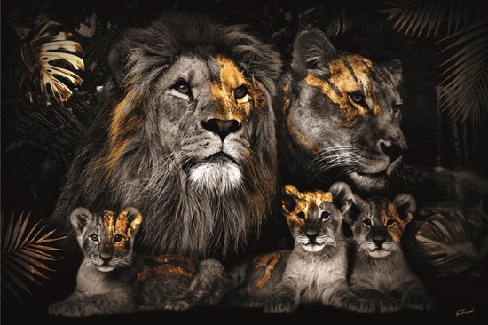 Glasschilderij 120x80cm - leeuwenfamilie - 3 welpen - gouden accenten