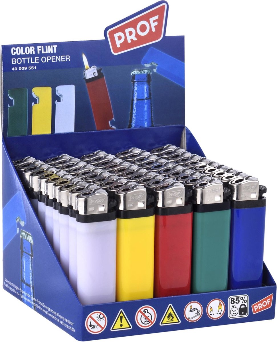 Goedkoopste Prof Wegwerpaansteker met flessenopener - 50 stuks - Regelbare vlam - Diverse kleuren - 8 x 2.4 x 0.8 cm