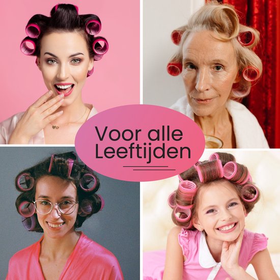 Collage van vier vrouwen van verschillende leeftijden die roze krullers in hun haar dragen.