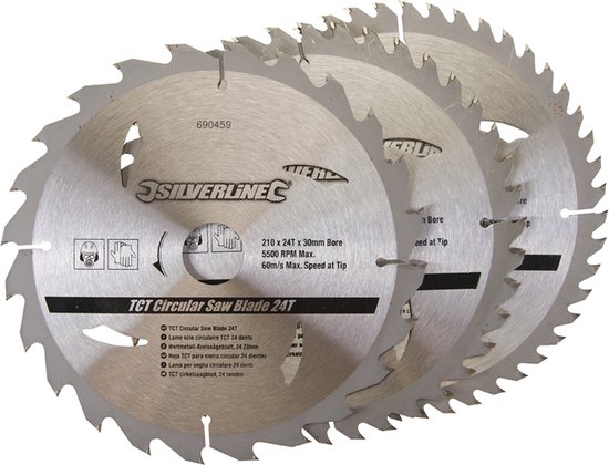 Lame de scie circulaire Silverline Tct, 24, 40, 48 dents, 3 pièces (anneaux 210 X 30-25 et 16 mm)