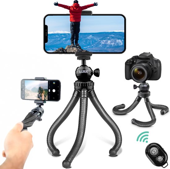 LURK® 3 in 1 Flexibele Octopus Tripod statief voor smartphone & (actie)camera - Incl. telefoonklem en bluetooth afstandsbediening - 25 cm