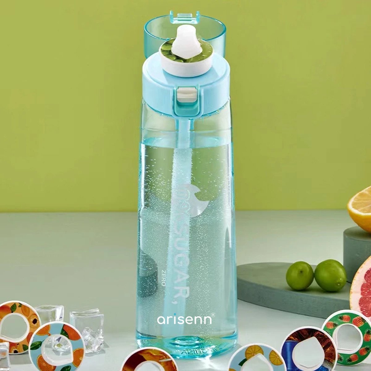 Arisenn® ZERO-fles up - Geur Water up - 100% Smaak, 0% Suiker, 0% Toevoegingen - Gezond & Lekker Drinken - BPA-vrij - Duurzaam - Helpt bij Hydratatie - 5L Smaak per Pod - Air Zuiver Water Up met Geur - Drinkfles 650ml - Blauw