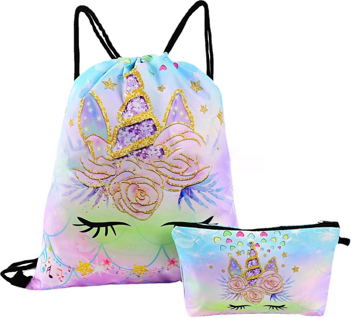 Unicorn Gymtas + Etui – Sporttas met Rijgkoord – Blauw Groene Bloemen – 4-12 jaar
