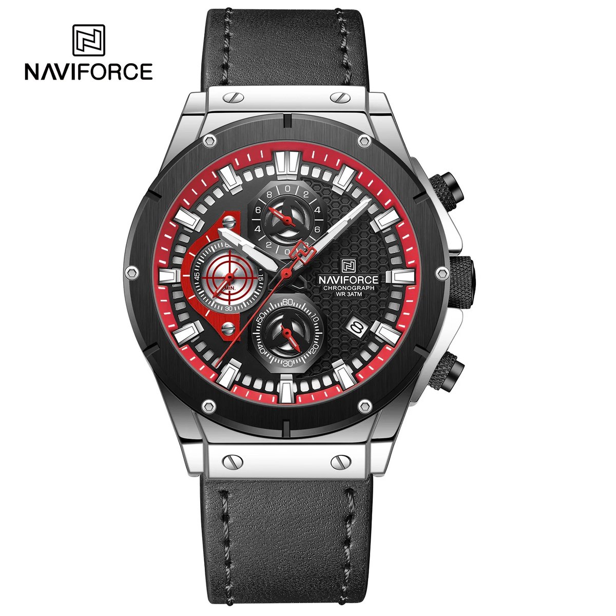 NAVIFORCE horloge voor mannen, met zwarte lederen polsband, zwart en rode horlogekast en grijze wijzerplaat met in het donker oplichtende wijzers ( model 8027L SBB ), verpakt in een mooie geschenkdoos