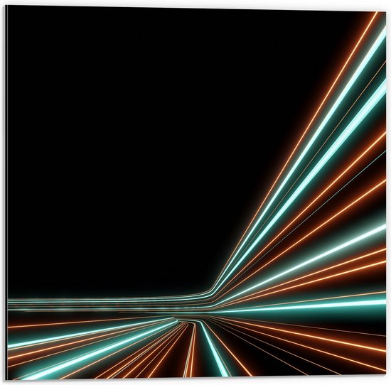 Dibond - Groene en Oranje Kleurige Neon Strepen op Zwartkleurige Achtergrond - 50x50 cm Foto op Aluminium (Wanddecoratie van metaal)