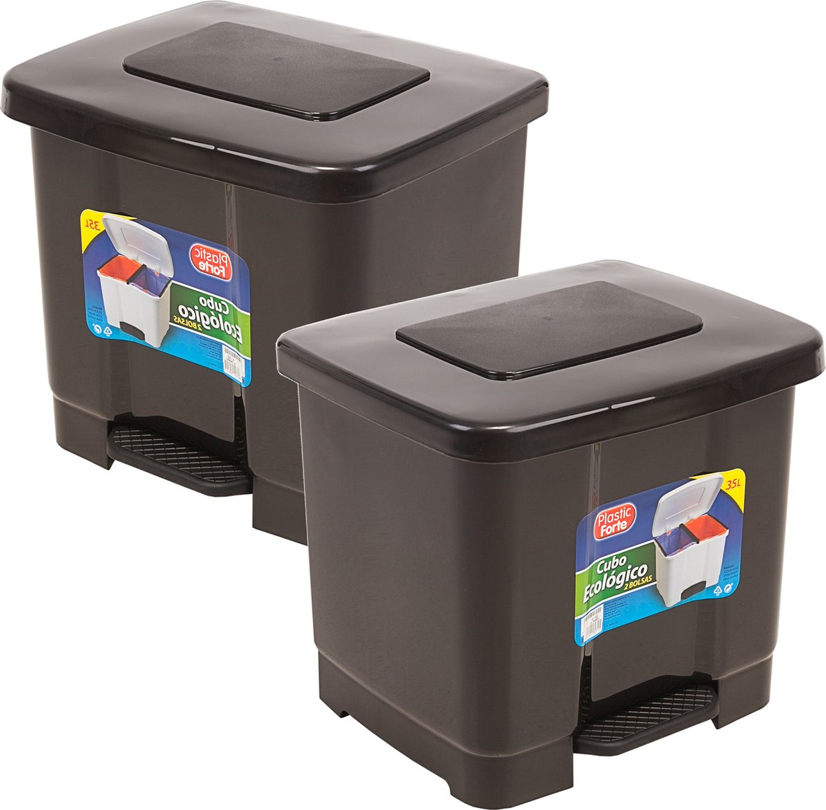 Goedkoopste 2x stuks dubbele afvalemmer/vuilnisemmer 35 liter met deksel en pedaal - Donkergrijs- vuilnisbakken/prullenbakken - Kantoor/keuken