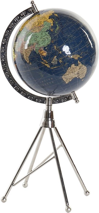 Foto: Decoratie wereldbol globe donkerblauw op metalen voet standaard 18 x 38 cm landen contintenten topografie