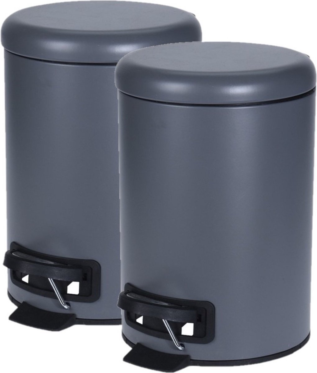 Goedkoopste 2x stuks donker grijze vuilnisbakken/pedaalemmers 3 liter - Vuilnisemmers/vuilnisbakken/pedaalemmers/prullenbakken voor toilet