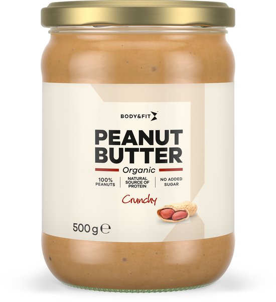 Pot de pâte d'arachide biologique Crunchy de Body & Fit, 500g, avec une image d'arachides.
