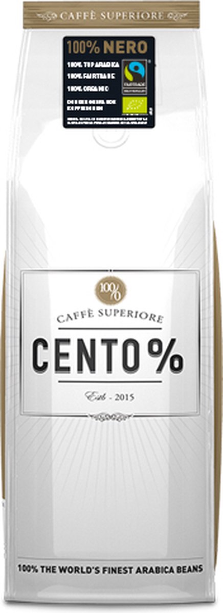 Cento% Nero | Donker gebrande Koffiebonen | 750 gram | Biologische koffie | Fairtrade | 100% Arabica | Barista kwaliteit - Caffè Cento%