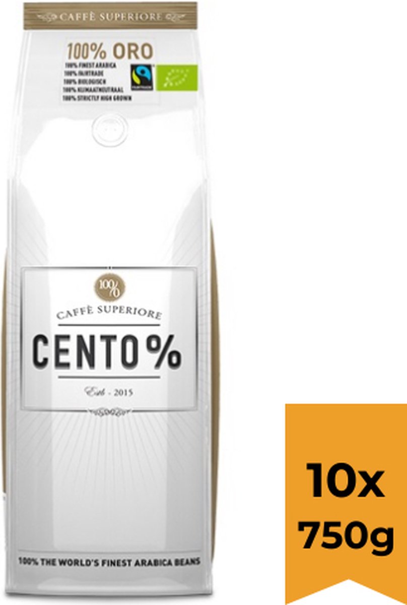 Cento% Oro | 1 doos: 10 x 750 gram | Medium gebrande koffiebonen | 100% Arabica | keurmerk: Fairtrade & Biologisch
