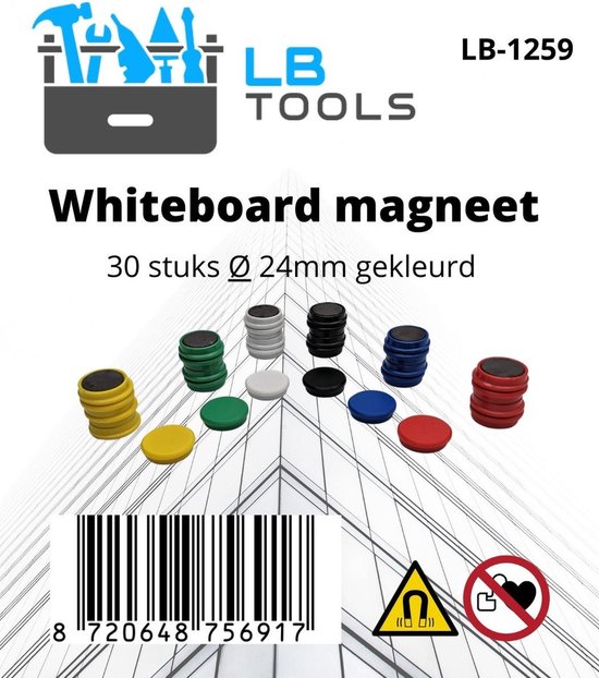 30 stuks sterke ronde whiteboard magneten set, deze memo magneetjes zijn gekleurd in zes opvallende kleuren rood, wit, blauw, groen, geel en zwart - Lowbudget tools