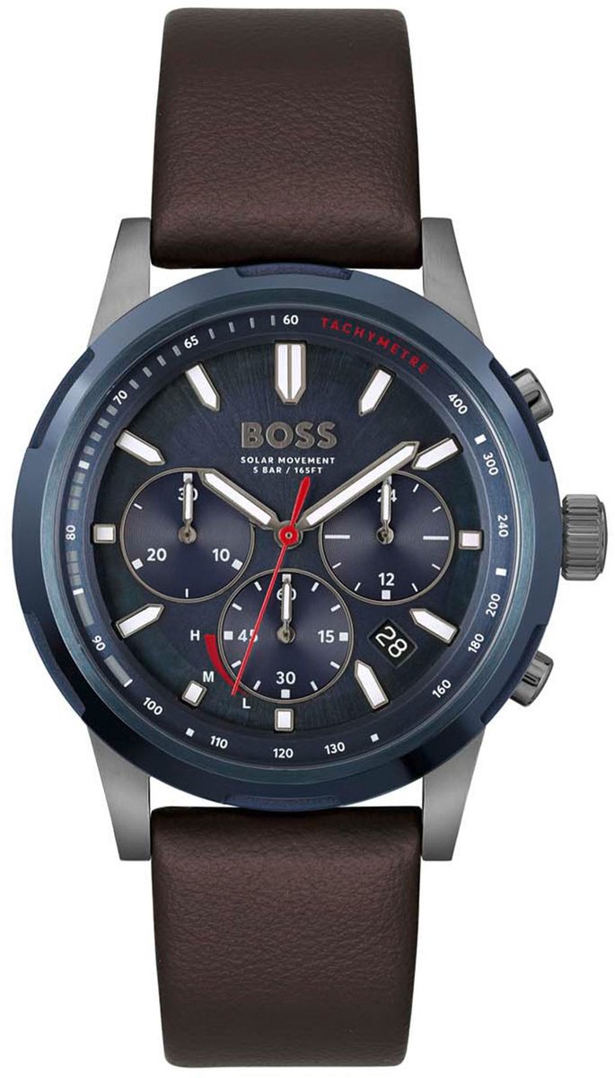 BOSS HB1514030 SOLGRADE Heren Horloge - Mineraalglas - Staal-Leer - Bruin-Grijs - 44 mm breed - Quartz - Gesp - 5 ATM (douchen)