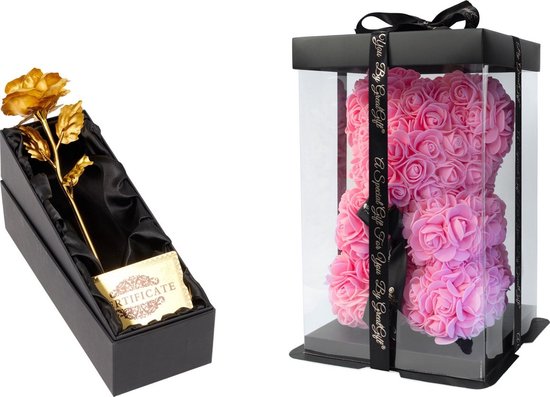 GreatGift® - Gouden Roos met Roze Rozen Beer - Bloemen - Verjaardagscadeau -Moederdag - Valentijn - Liefde - Goud - Cadeau voor vrouw