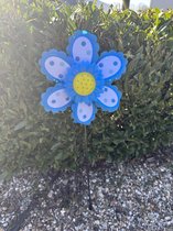 Windmolen met bloem - blauw met stipjes - nylon + kunststof steker- dia 29 cm x hoogte 55 cm - Tuinaccessoires - Tuinstekers