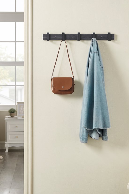 DEANKEJI Wandgarderobe Schwarz, 43,5 cm Garderobenleiste mit 5 Versteckten Haken & Ablagefläche, Kleiderstange für Flur, Schlafzimmer und Wohnzimmer