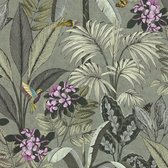 Vogels behang Profhome 387382-GU glad vliesbehang zonder structuur glad met kolibries mat groen roze geel turquois 5,33 m2