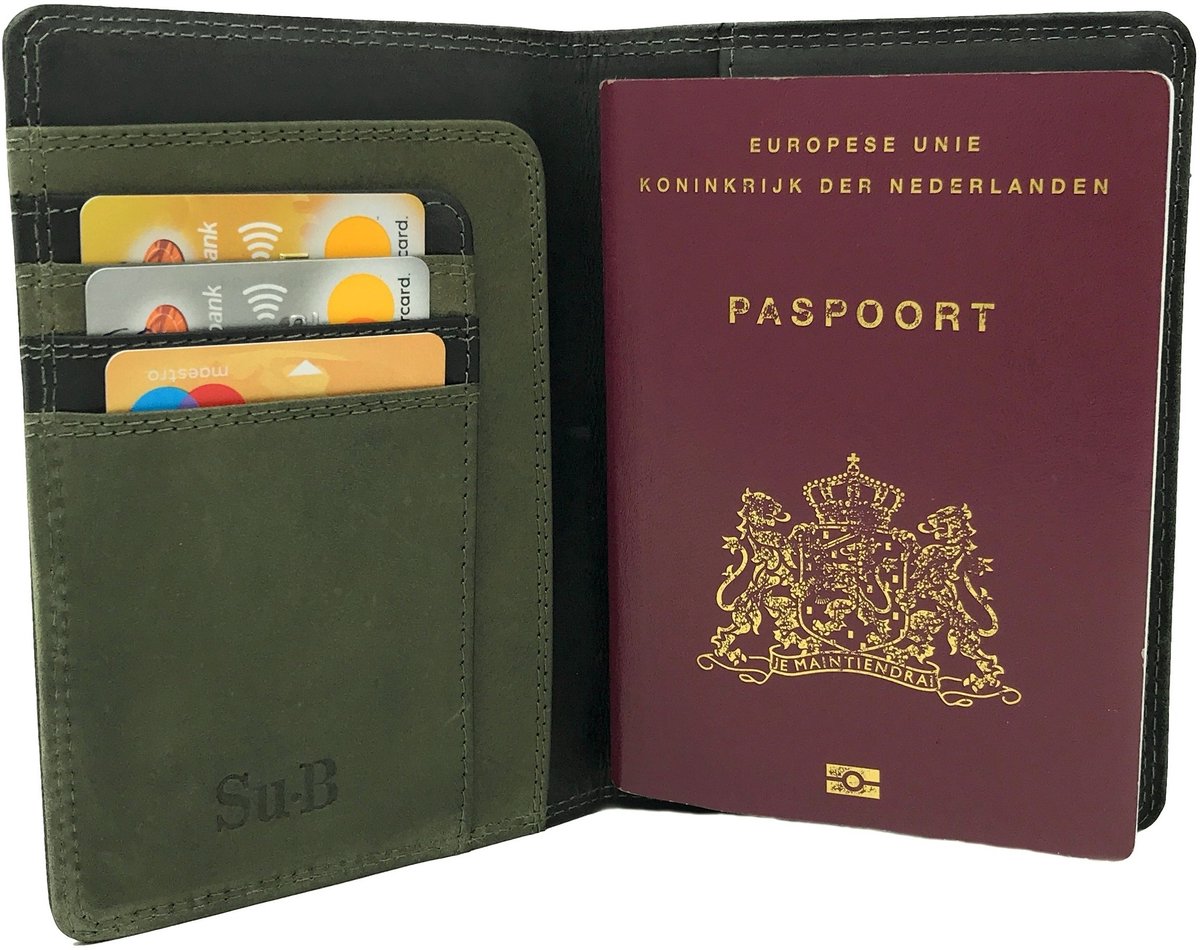 Su.B RFID Blokkering Luxe Leren Paspoort Houder - Premium Paspoort Hoesje Reisticket Credit Cards Wallet | Zwart - Olijf