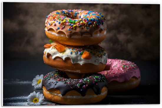 PVC Schuimplaat - Opgestapelde Donuts in Verschillende Smaken - 60x40 cm Foto op PVC Schuimplaat (Met Ophangsysteem)